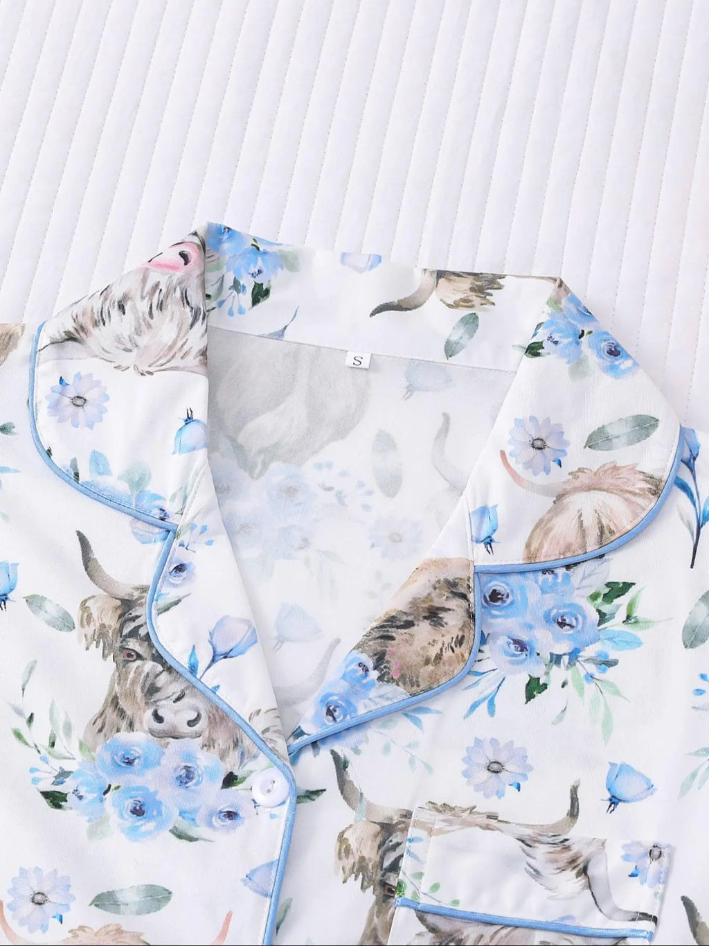 Women's All-Over Cow-Print Contrast-Trim Shirt & Elastic-Waist Shorts Pajama Loungewear Set, Casual Comfy Short Sleeve Collared Top & Shorts PJ Two-Piece Set
