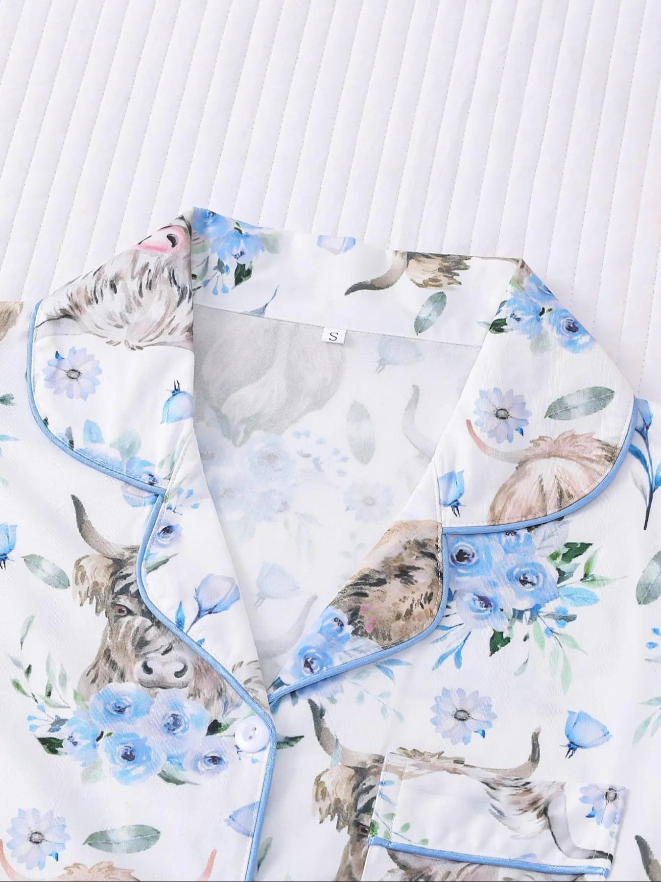 Women's All-Over Cow-Print Contrast-Trim Shirt & Elastic-Waist Shorts Pajama Loungewear Set