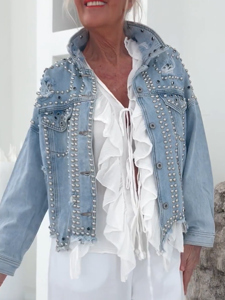 Women Collar Rivet Splicing Casual Denim Jacket