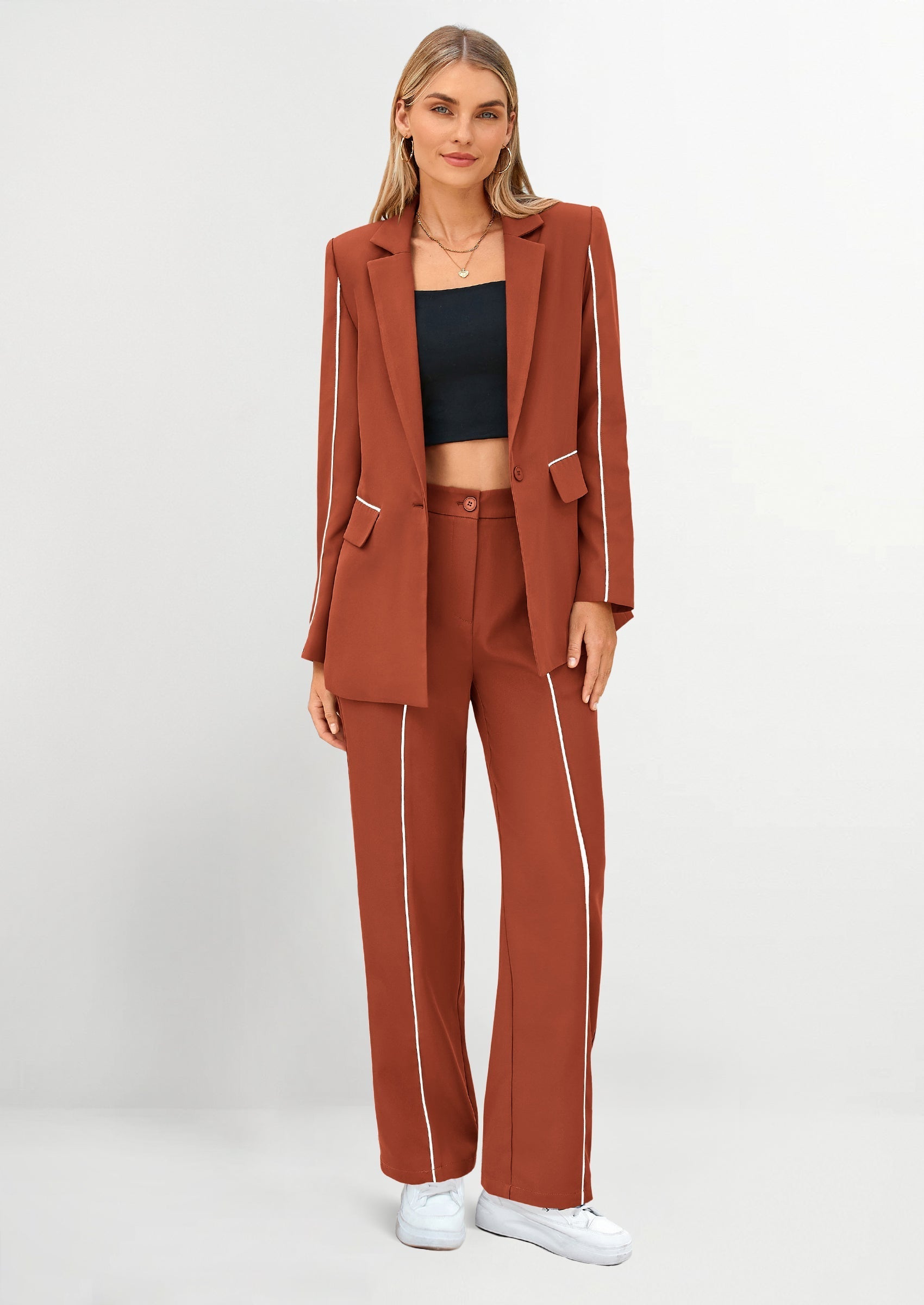 PRETTYGARDEN 2 Piece Blazer Outfits Business Casual Oversized Jacket Wide Leg Work Pants Dressy Suit Set