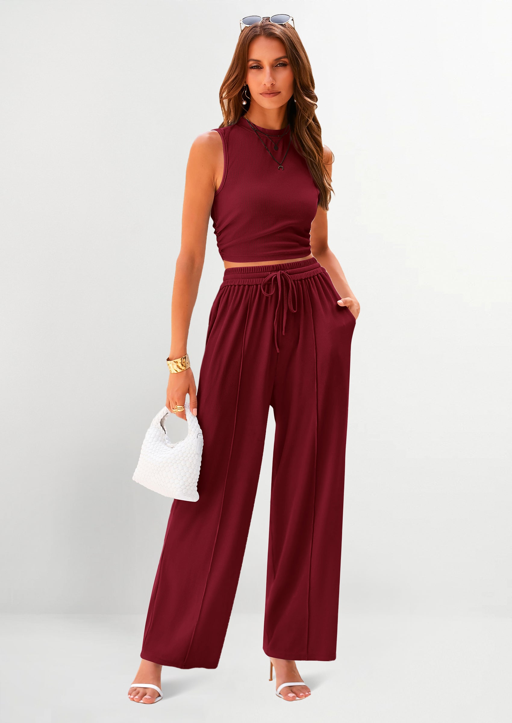 PRETTYGARDEN 2 Piece Sets Sleeveless Tank Ribbed Travel Vacation Lounge Wear Outfits