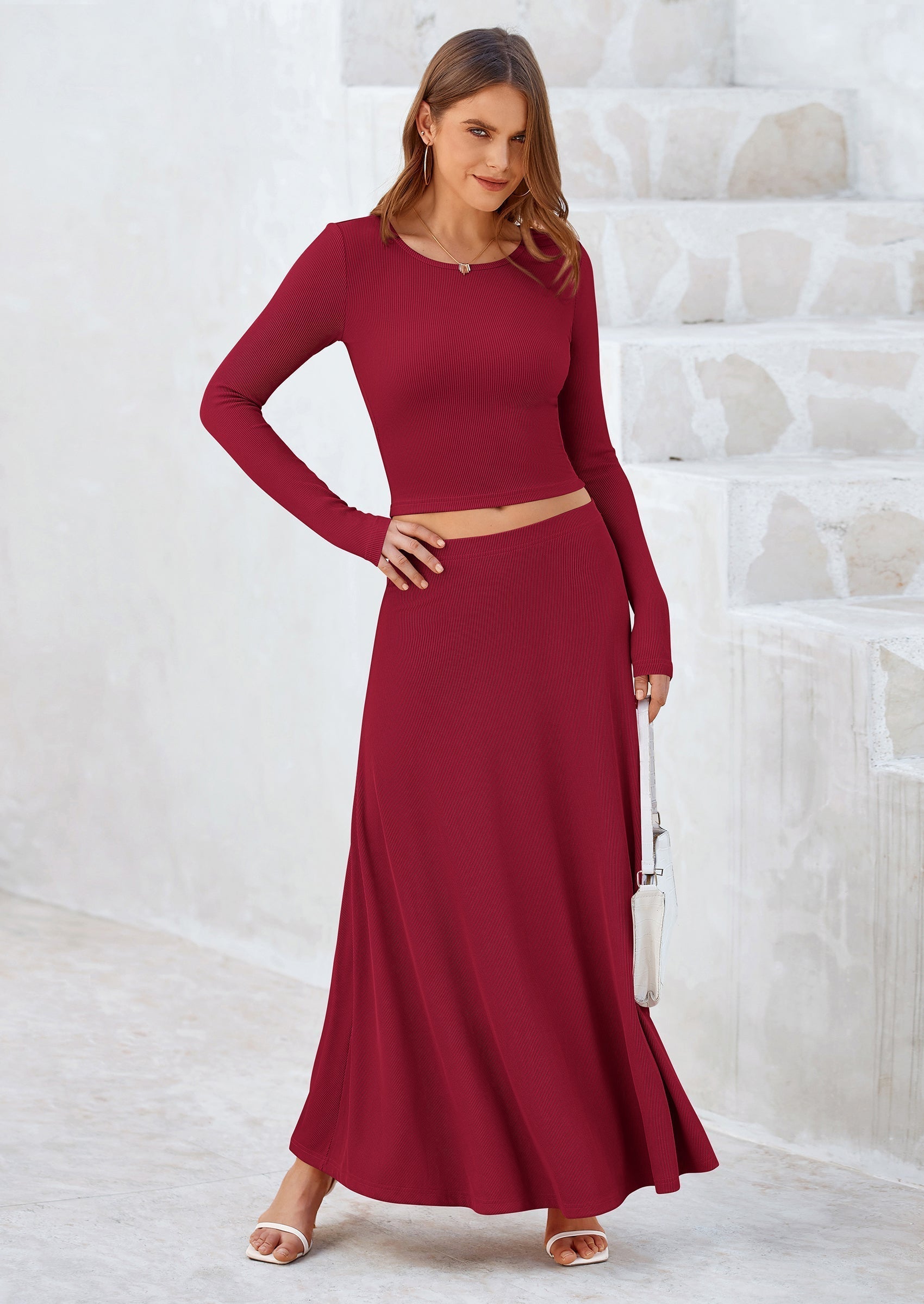 PRETTYGARDEN 2 Piece Casual Ribbed Knit Long Sleeve Crop Tops Maxi Flowy Skirts Matching Sets