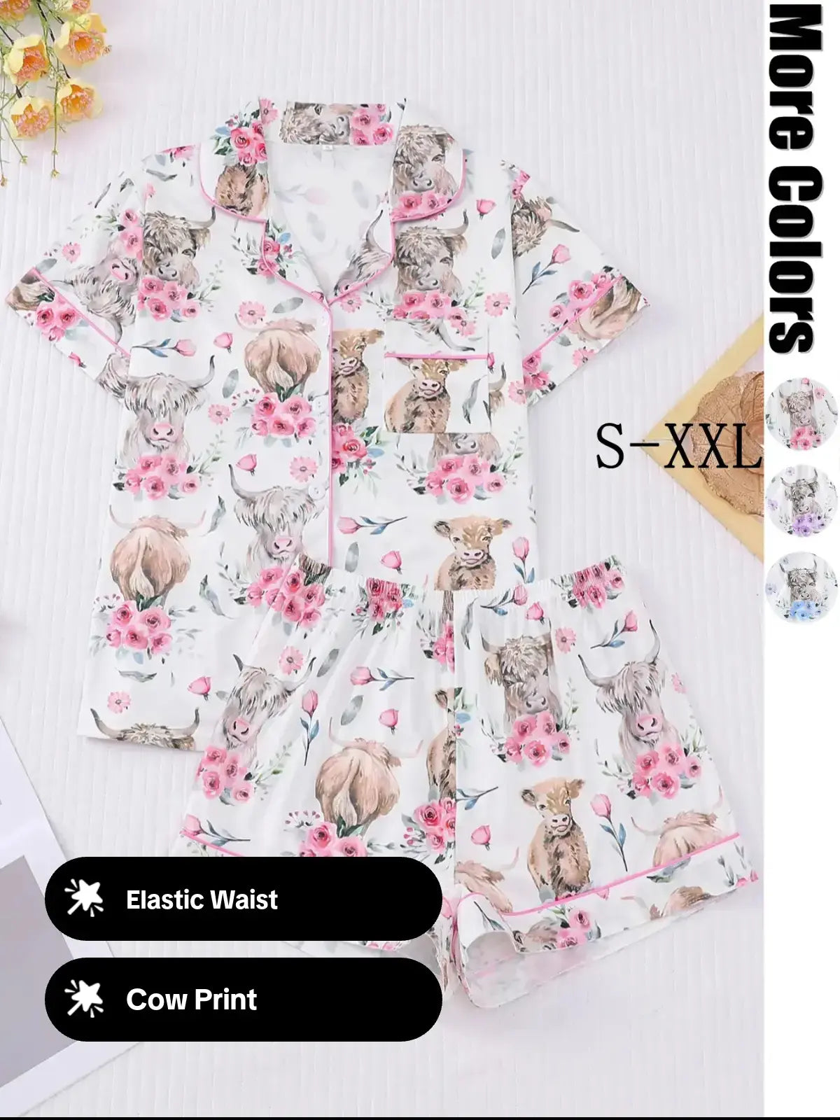 Women's All-Over Cow-Print Contrast-Trim Shirt & Elastic-Waist Shorts Pajama Loungewear Set