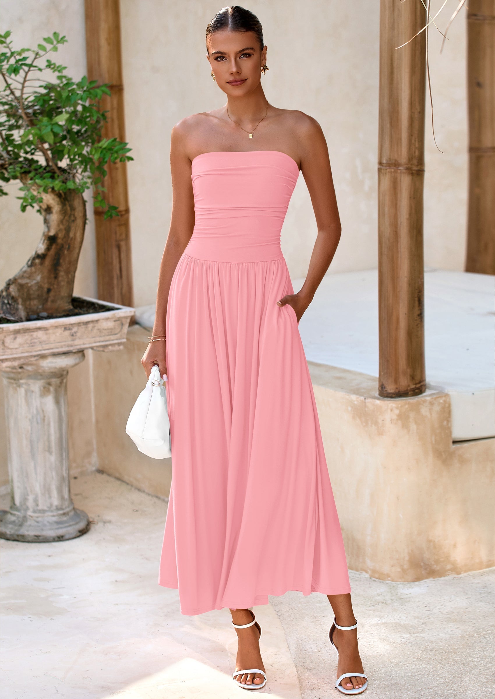 BTFBM Summer Maxi Dresses for Women Strapless Ruched Tube Top Beach Vacation Spring Wedding Guest Dress Pockets