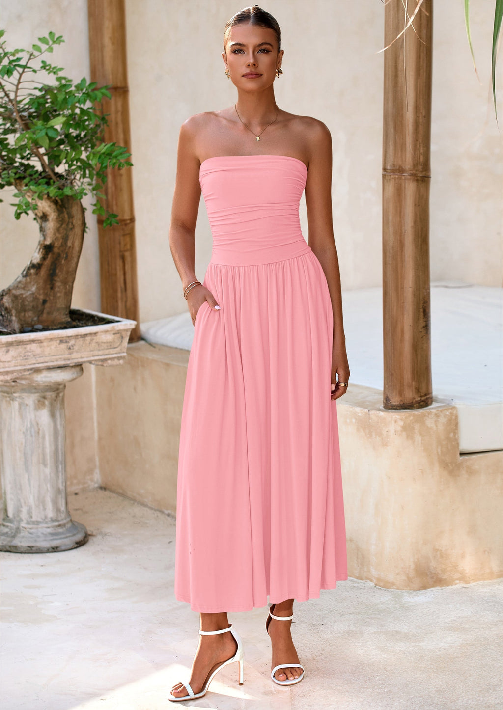 BTFBM Summer Maxi Dresses for Women Strapless Ruched Tube Top Beach Vacation Spring Wedding Guest Dress Pockets