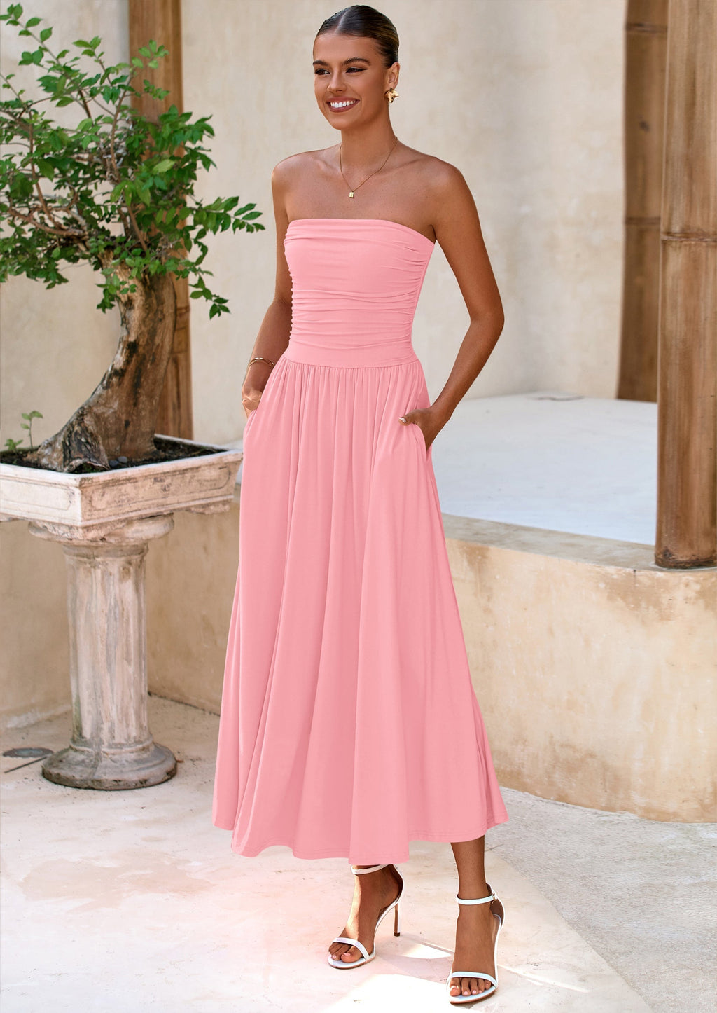 BTFBM Summer Maxi Dresses for Women Strapless Ruched Tube Top Beach Vacation Spring Wedding Guest Dress Pockets