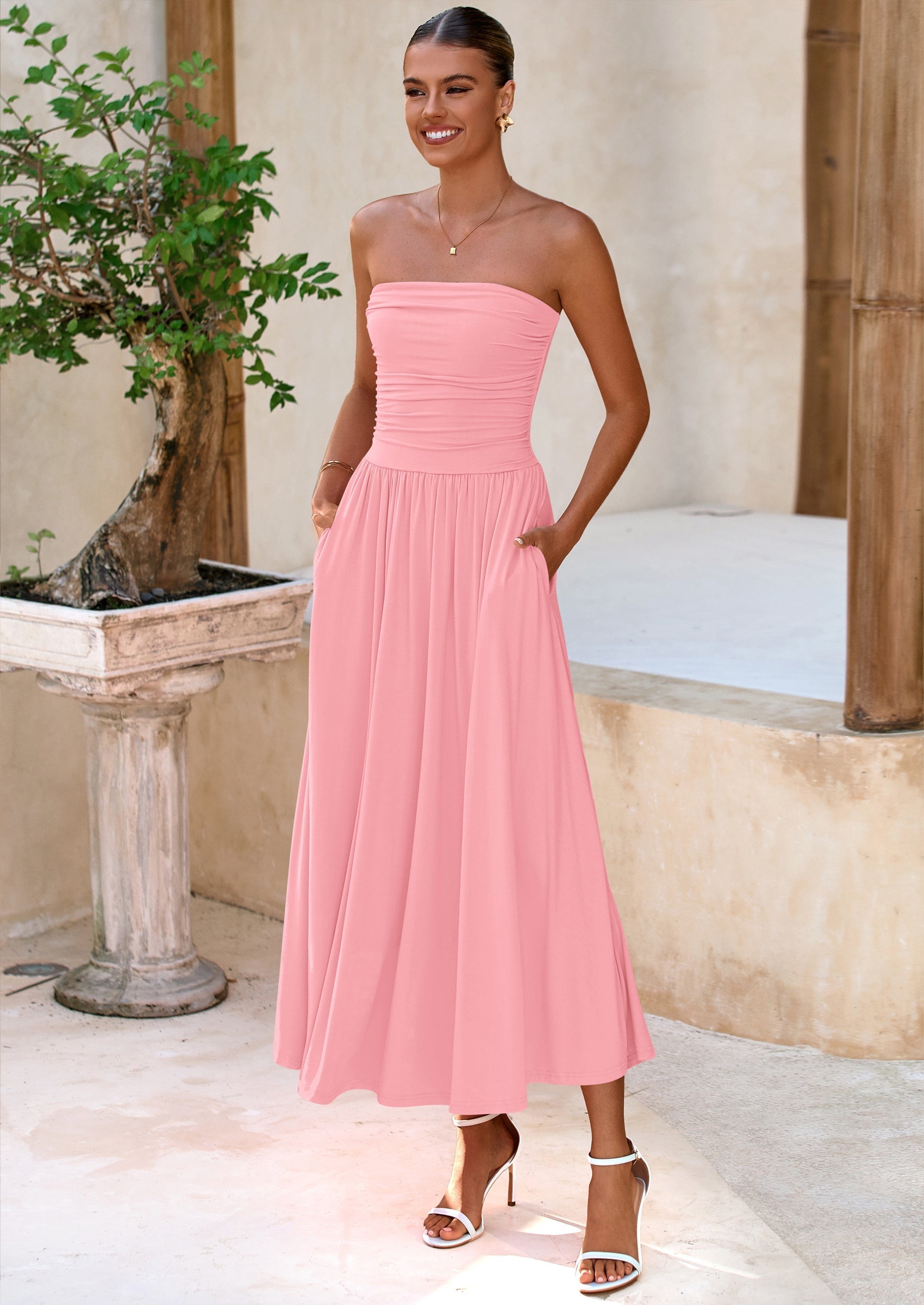BTFBM Summer Maxi Dresses for Women Strapless Ruched Tube Top Beach Vacation Spring Wedding Guest Dress Pockets
