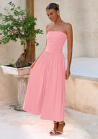BTFBM Summer Maxi Dresses for Women Strapless Ruched Tube Top Beach Vacation Spring Wedding Guest Dress Pockets
