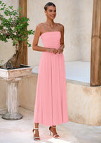 BTFBM Summer Maxi Dresses for Women Strapless Ruched Tube Top Beach Vacation Spring Wedding Guest Dress Pockets