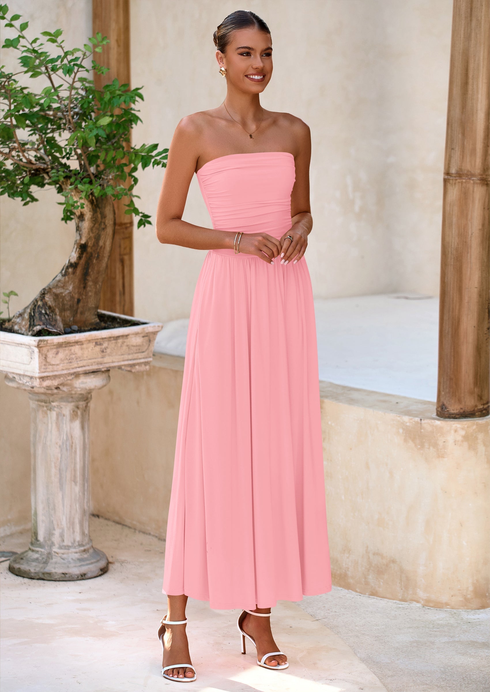 BTFBM Summer Maxi Dresses for Women Strapless Ruched Tube Top Beach Vacation Spring Wedding Guest Dress Pockets