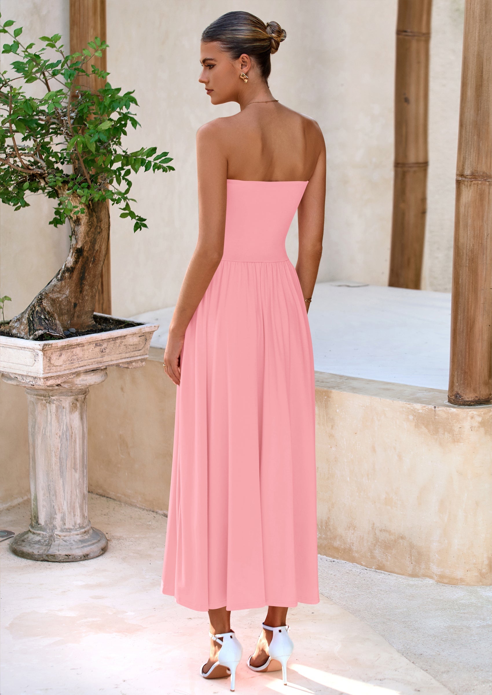 BTFBM Summer Maxi Dresses for Women Strapless Ruched Tube Top Beach Vacation Spring Wedding Guest Dress Pockets