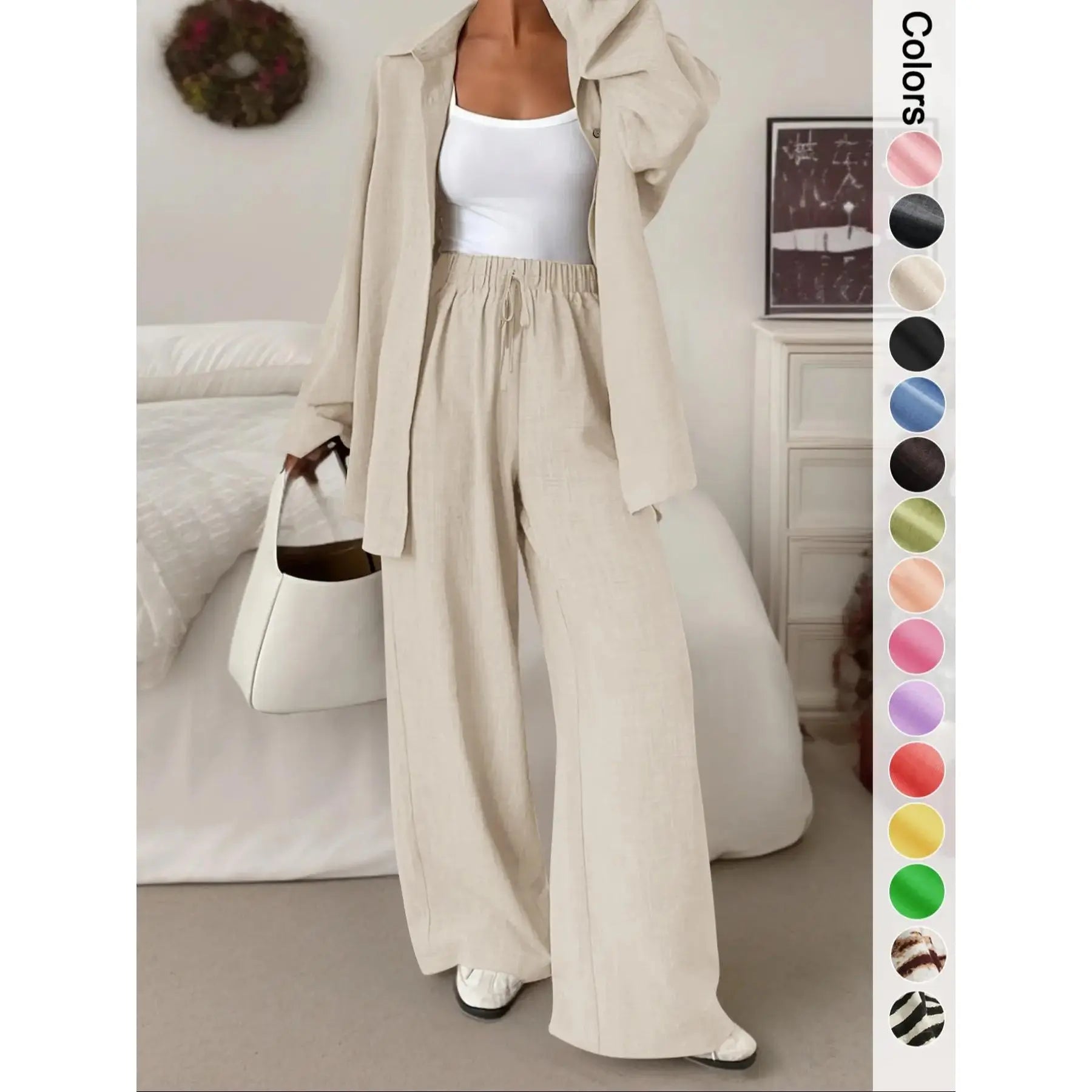 Women's Casual Sporty Shirt and Long Pants Set, Loose Button-Up Top and Wide-Leg Pants Two-Piece Set, Comfortable and Stylish