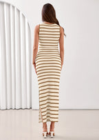 PRETTYGARDEN Sundresses for Women Summer Striped Knit Side Slit Spring Fashion Bodycon Maxi Dress Beach Vacation Clothes