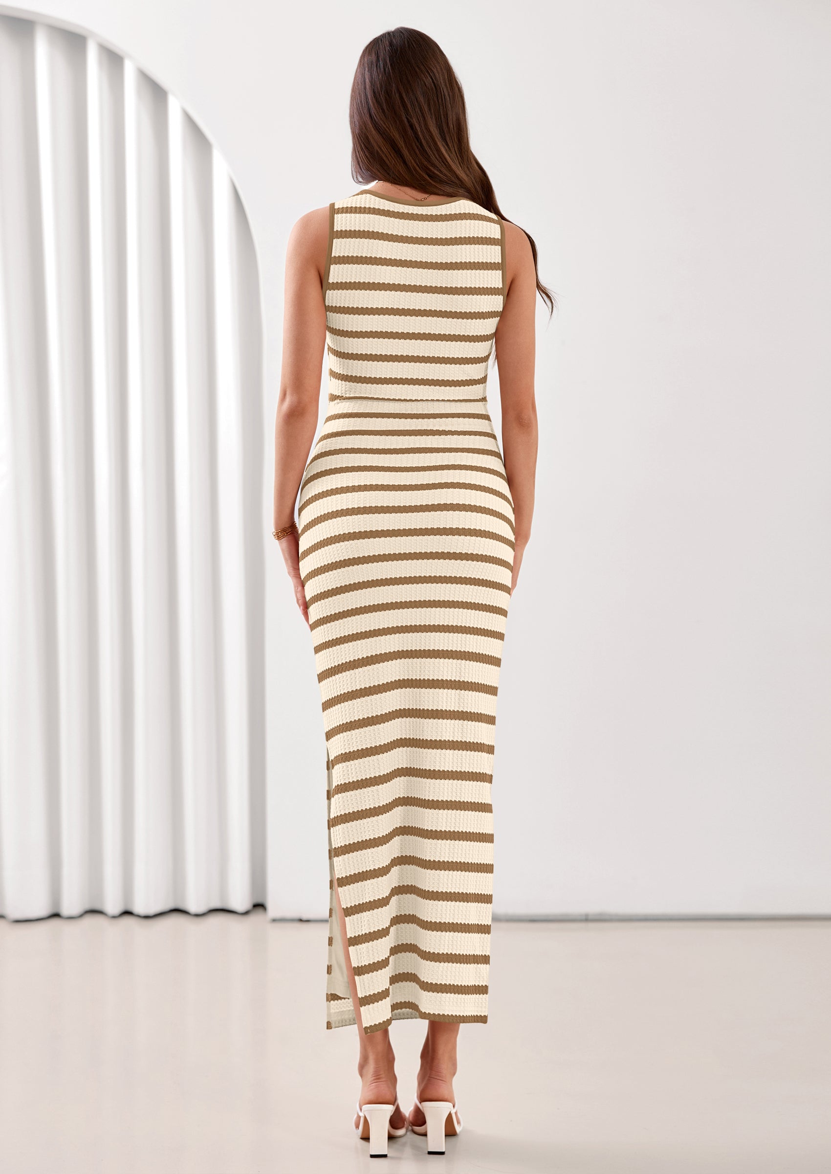 PRETTYGARDEN Sundresses for Women Summer Striped Knit Side Slit Spring Fashion Bodycon Maxi Dress Beach Vacation Clothes