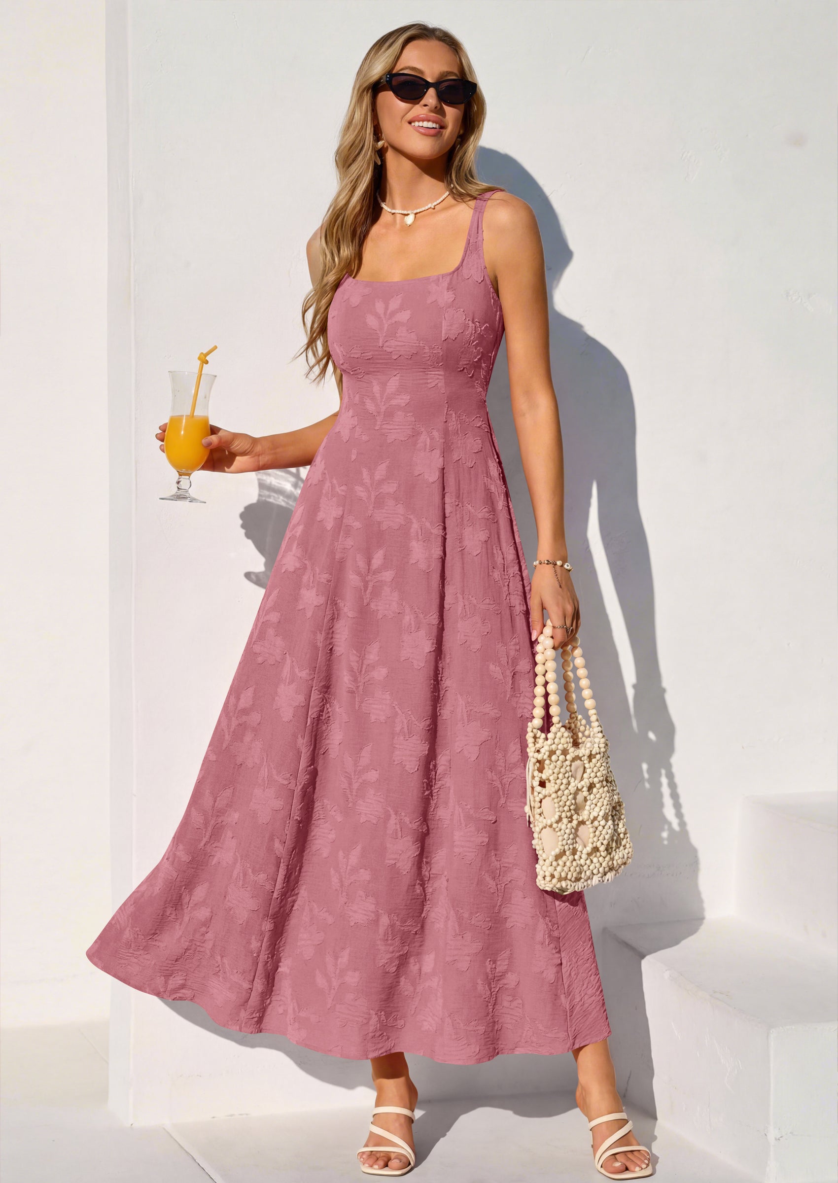 PRETTYGARDEN Womens Summer Maxi Dresses Casual Sleeveless Square Neck Jacquard Flowy Wedding Guest Beach Boho Long Dress