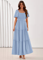 PRETTYGARDEN Summer Dresses for Women Boho Swiss Dot Smocked Square Neck Short Sleeve Spring Wedding Guest Maxi Dress