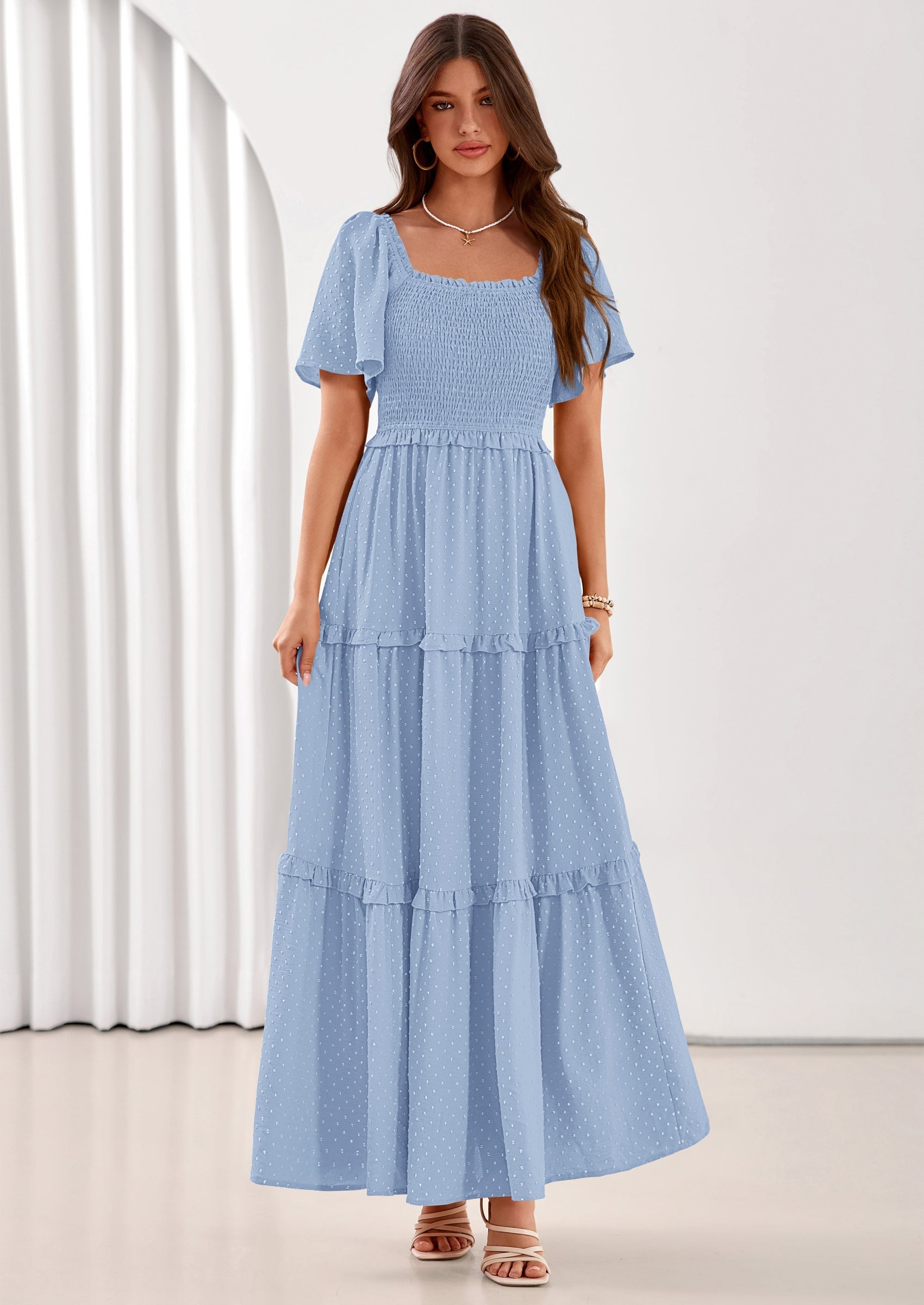 PRETTYGARDEN Summer Dresses for Women Boho Swiss Dot Smocked Square Neck Short Sleeve Spring Wedding Guest Maxi Dress