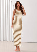 PRETTYGARDEN Sundresses for Women Summer Striped Knit Side Slit Spring Fashion Bodycon Maxi Dress Beach Vacation Clothes