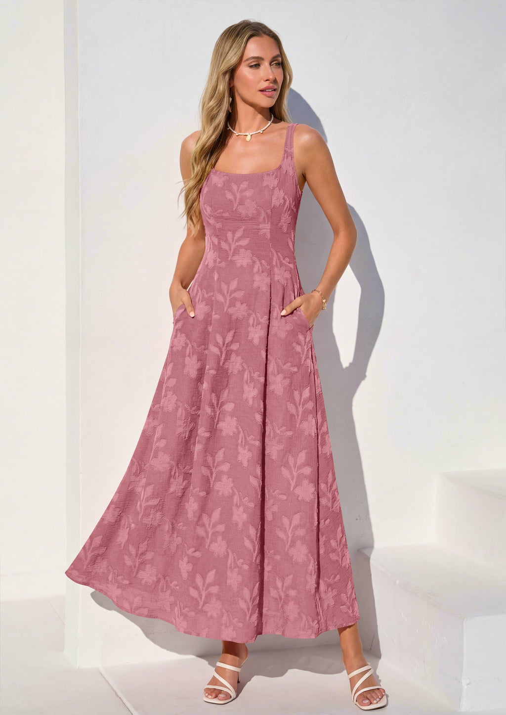 PRETTYGARDEN Womens Summer Maxi Dresses Casual Sleeveless Square Neck Jacquard Flowy Wedding Guest Beach Boho Long Dress