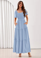PRETTYGARDEN Summer Dresses for Women Boho Swiss Dot Smocked Square Neck Short Sleeve Spring Wedding Guest Maxi Dress