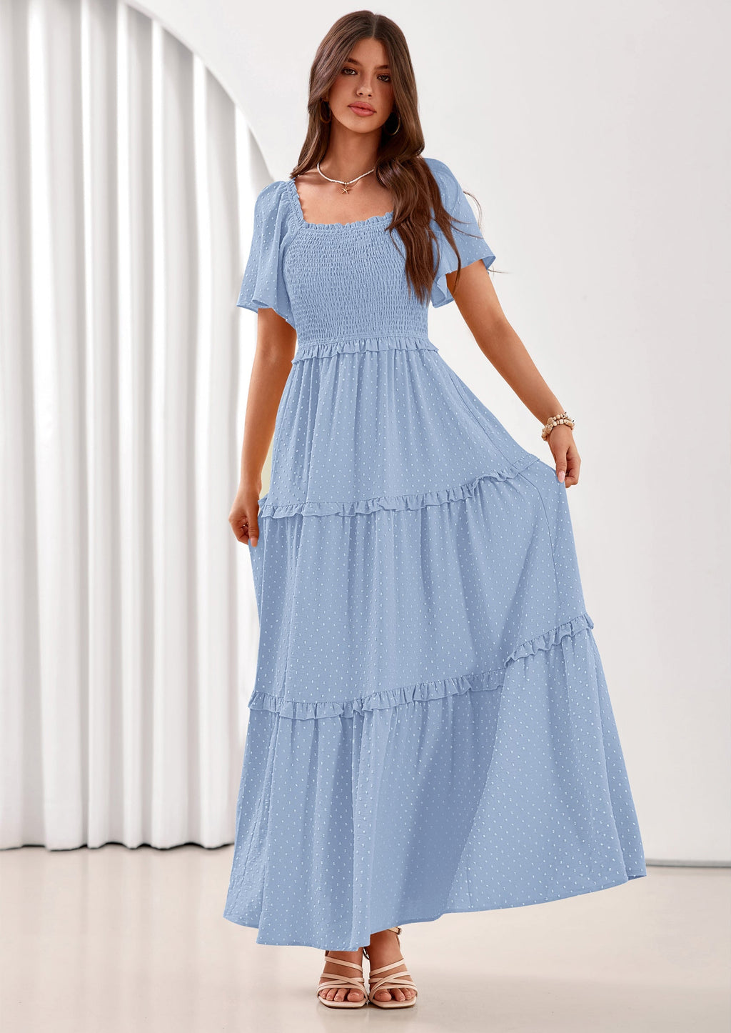 PRETTYGARDEN Summer Dresses for Women Boho Swiss Dot Smocked Square Neck Short Sleeve Spring Wedding Guest Maxi Dress