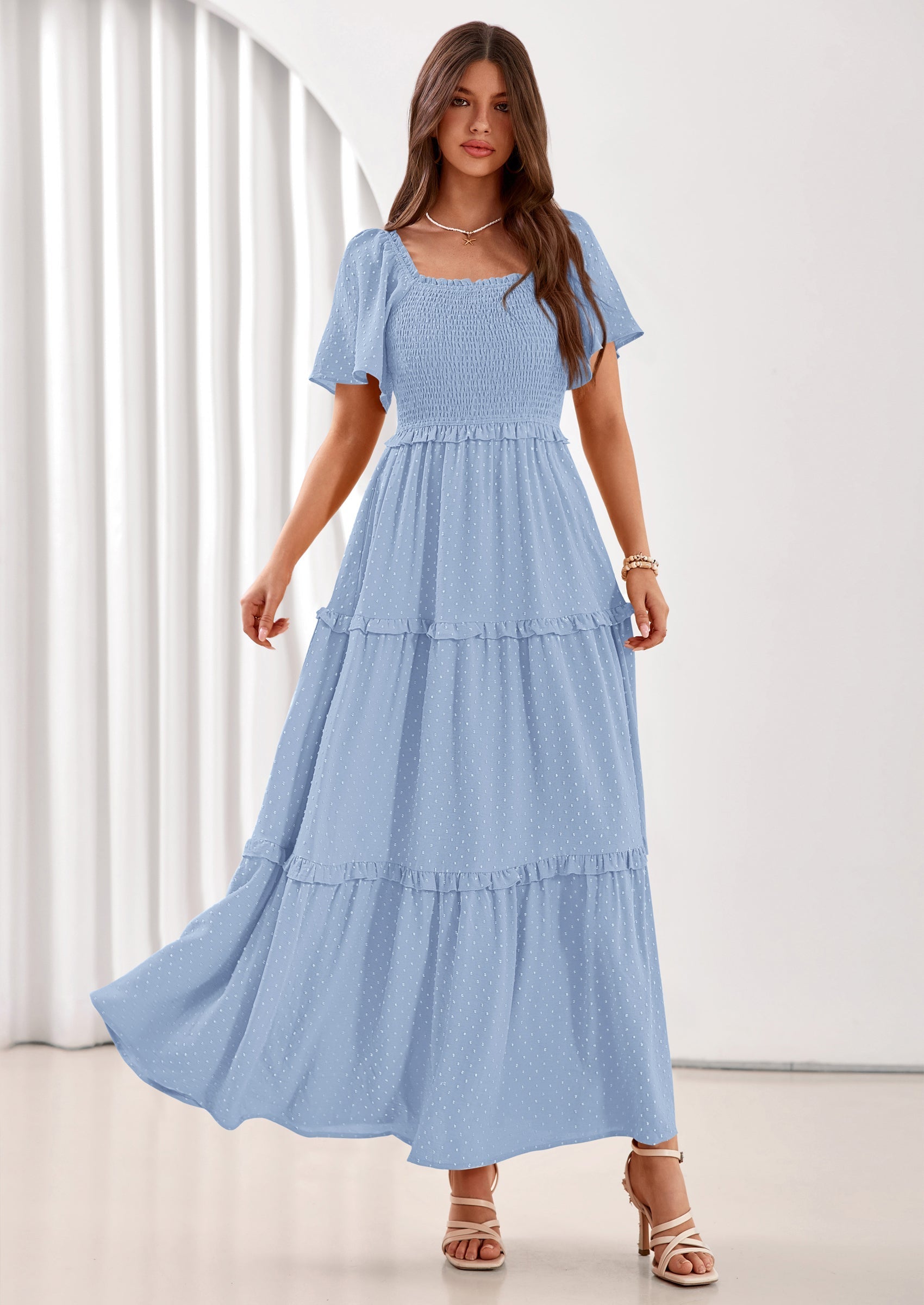 PRETTYGARDEN Summer Dresses for Women Boho Swiss Dot Smocked Square Neck Short Sleeve Spring Wedding Guest Maxi Dress