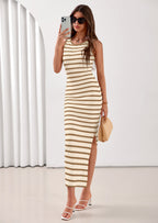 PRETTYGARDEN Sundresses for Women Summer Striped Knit Side Slit Spring Fashion Bodycon Maxi Dress Beach Vacation Clothes