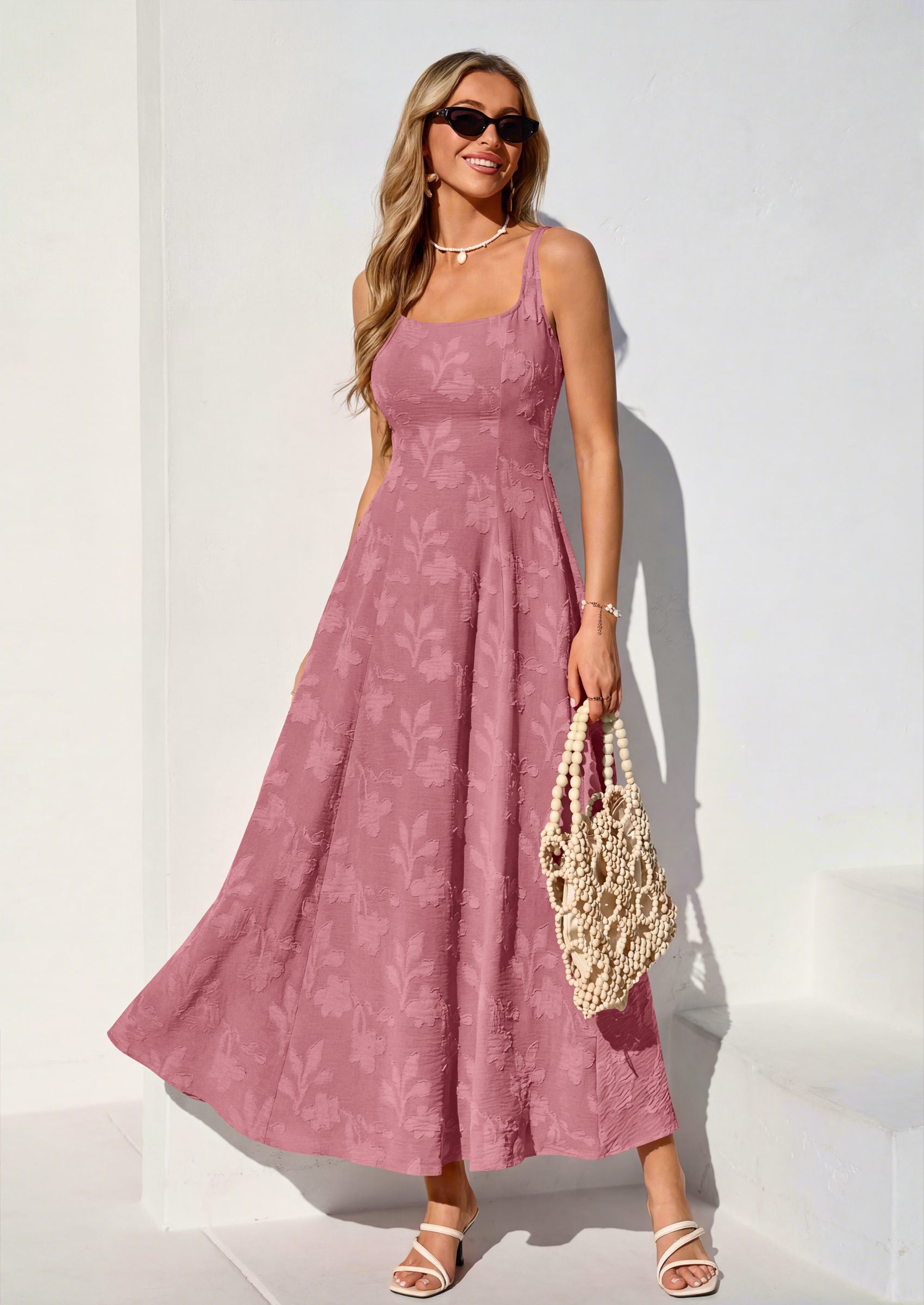 PRETTYGARDEN Womens Summer Maxi Dresses Casual Sleeveless Square Neck Jacquard Flowy Wedding Guest Beach Boho Long Dress