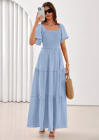 PRETTYGARDEN Summer Dresses for Women Boho Swiss Dot Smocked Square Neck Short Sleeve Spring Wedding Guest Maxi Dress