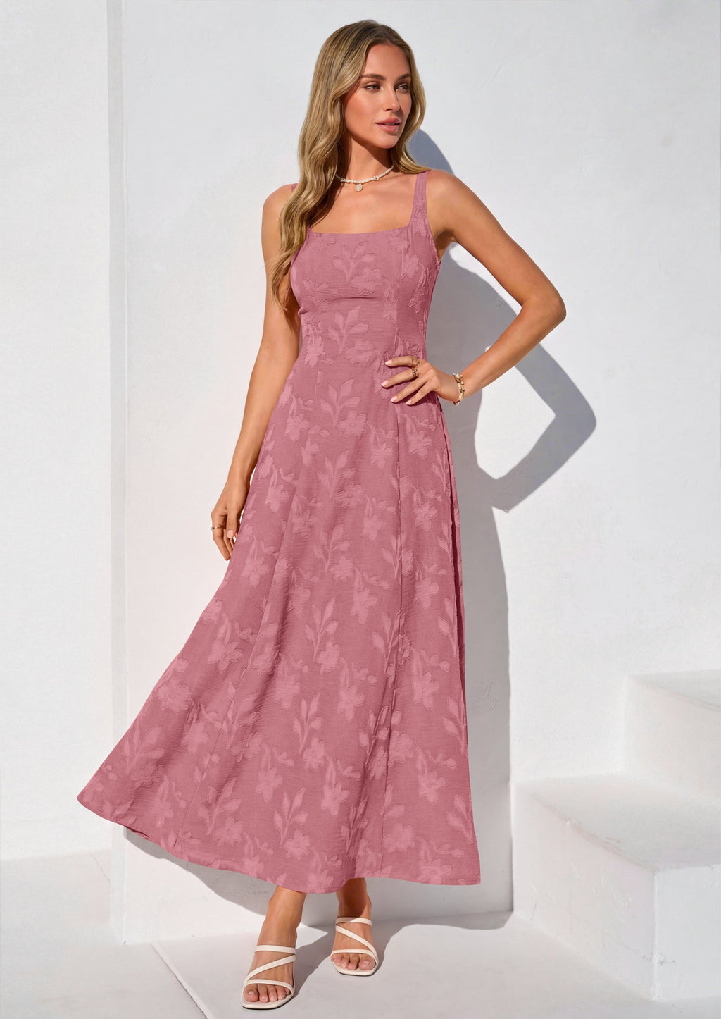 PRETTYGARDEN Womens Summer Maxi Dresses Casual Sleeveless Square Neck Jacquard Flowy Wedding Guest Beach Boho Long Dress