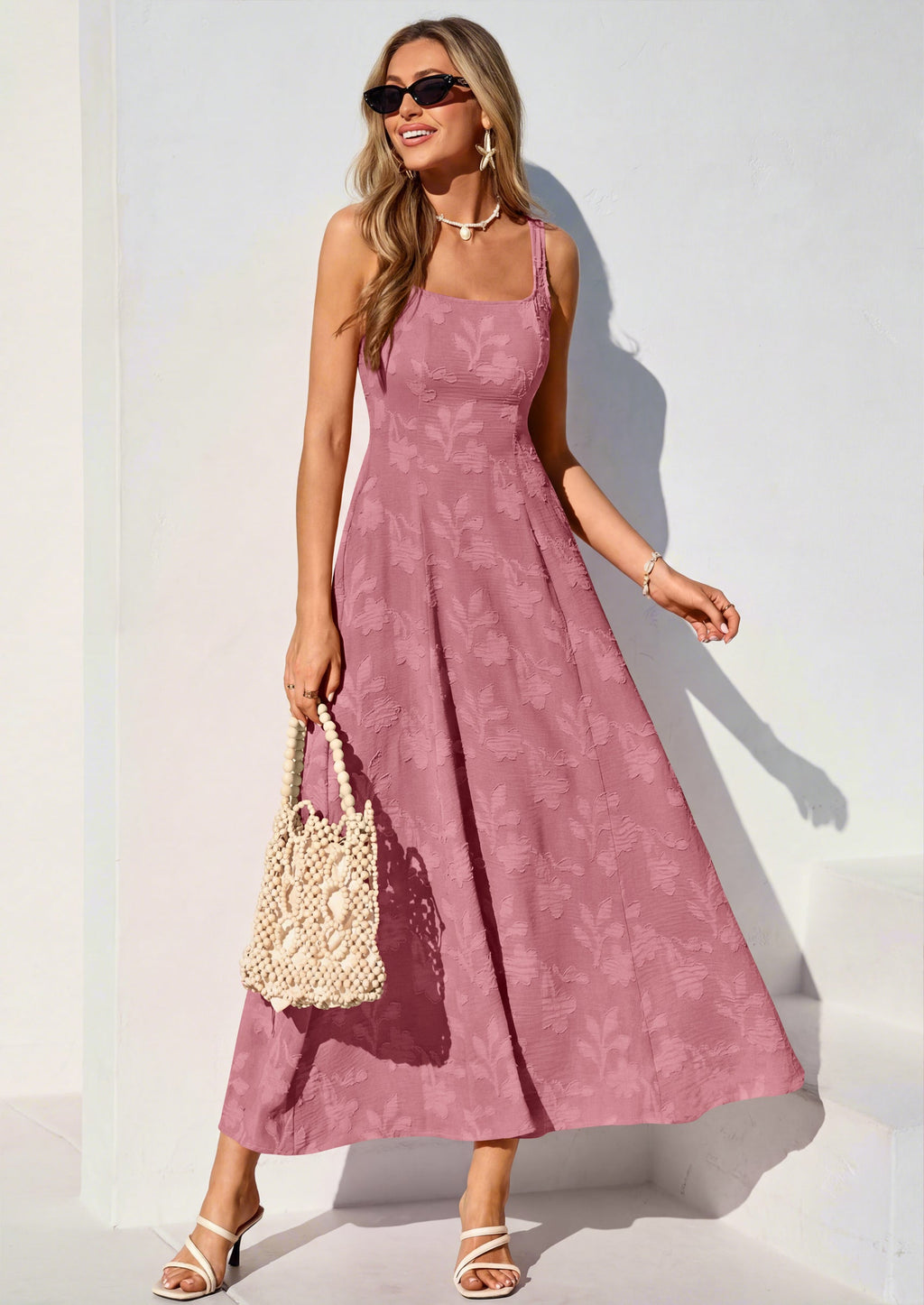 PRETTYGARDEN Womens Summer Maxi Dresses Casual Sleeveless Square Neck Jacquard Flowy Wedding Guest Beach Boho Long Dress