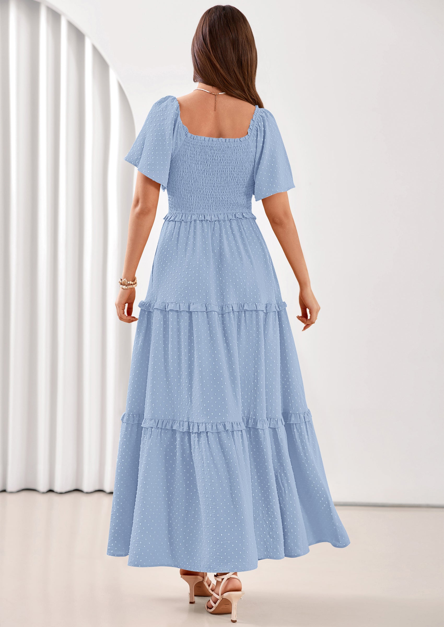 PRETTYGARDEN Summer Dresses for Women Boho Swiss Dot Smocked Square Neck Short Sleeve Spring Wedding Guest Maxi Dress