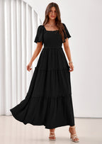 PRETTYGARDEN Summer Dresses for Women Boho Swiss Dot Smocked Square Neck Short Sleeve Spring Wedding Guest Maxi Dress