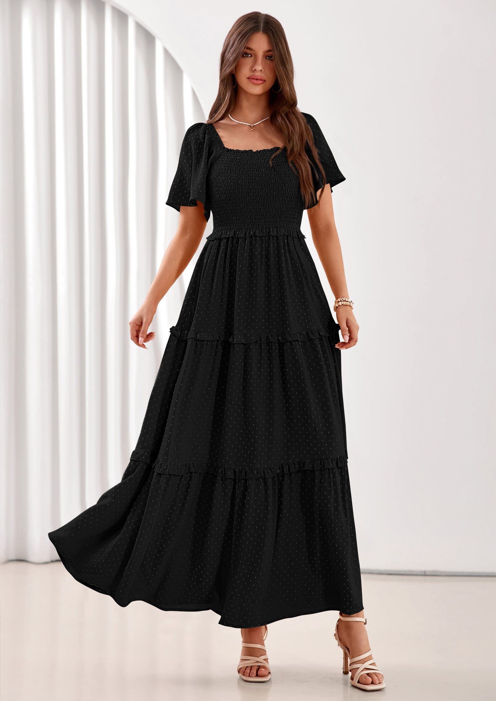 PRETTYGARDEN Summer Dresses for Women Boho Swiss Dot Smocked Square Neck Short Sleeve Spring Wedding Guest Maxi Dress