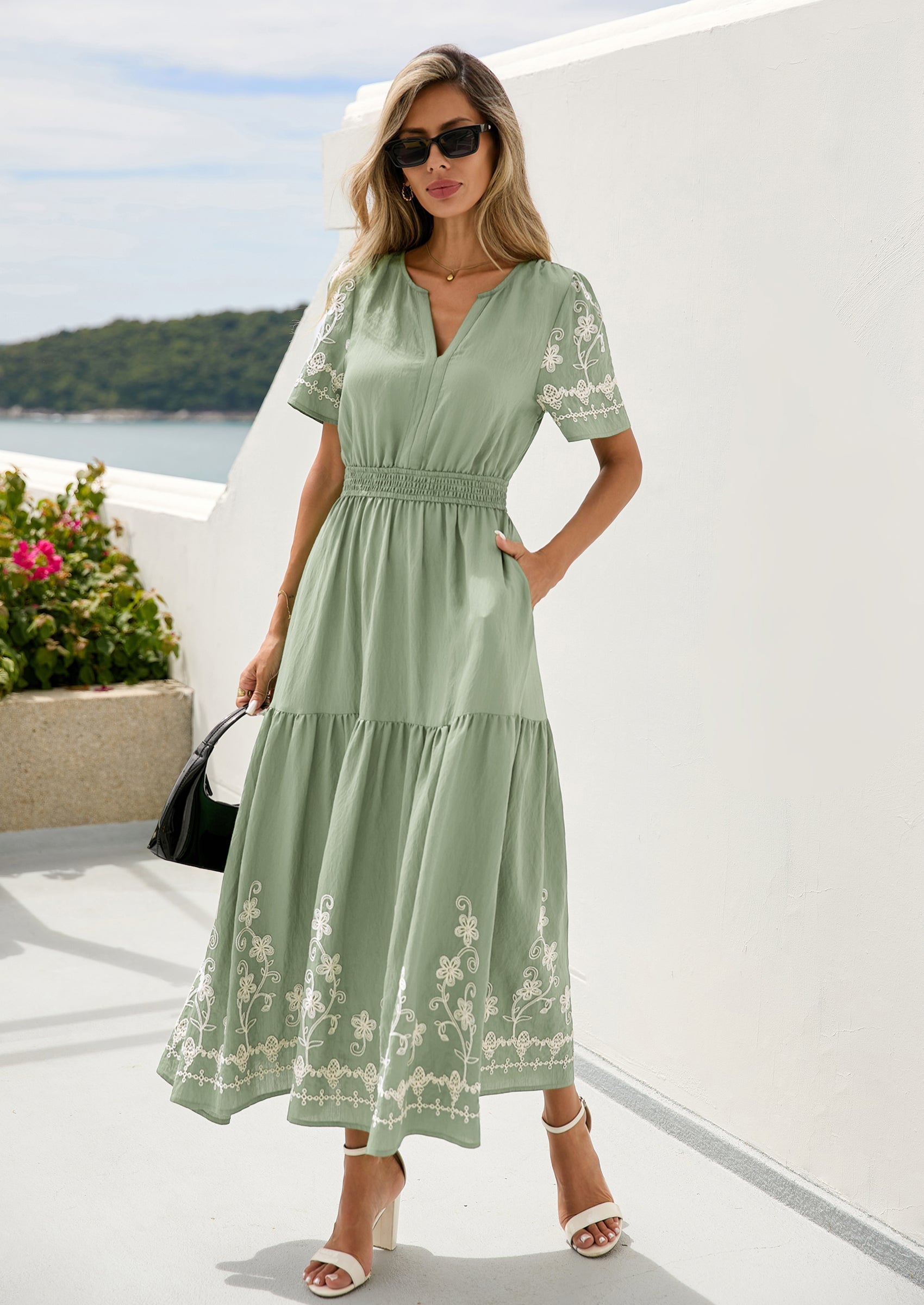 PRETTYGARDEN Women's Summer Boho Maxi Dress Spring Floral Short Sleeve V Neck A Line Flowy Beach Wedding Guest Dresses