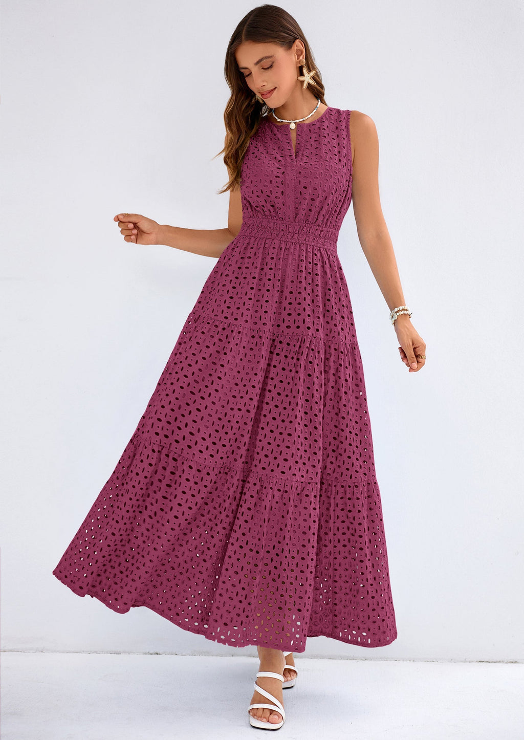 PRETTYGARDEN Summer Dresses for Women Sundresses Sleeveless V Neck Eyelet A Line Flowy Beach Vacation Spring Maxi Dress