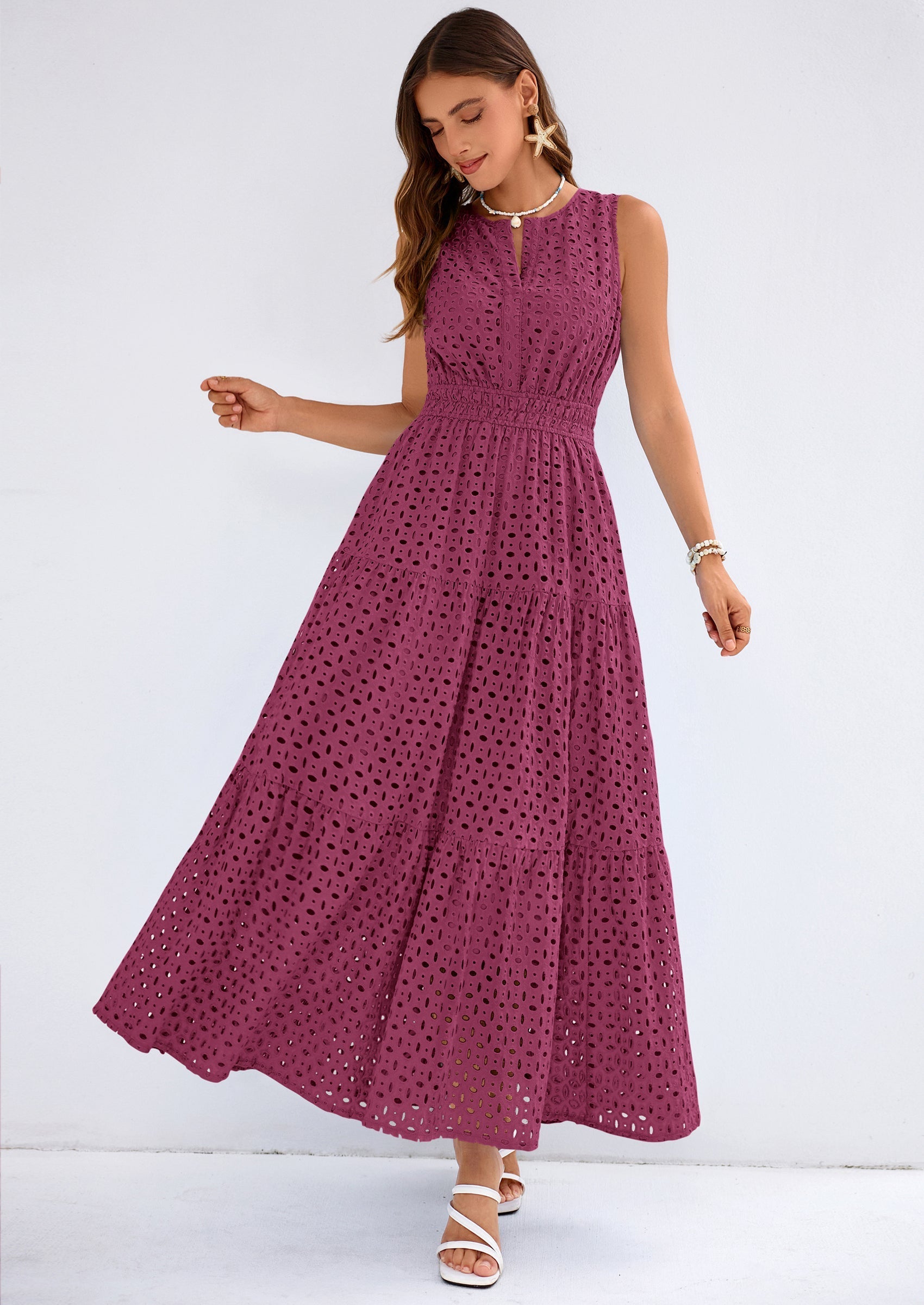 PRETTYGARDEN Summer Dresses for Women Sundresses Sleeveless V Neck Eyelet A Line Flowy Beach Vacation Spring Maxi Dress