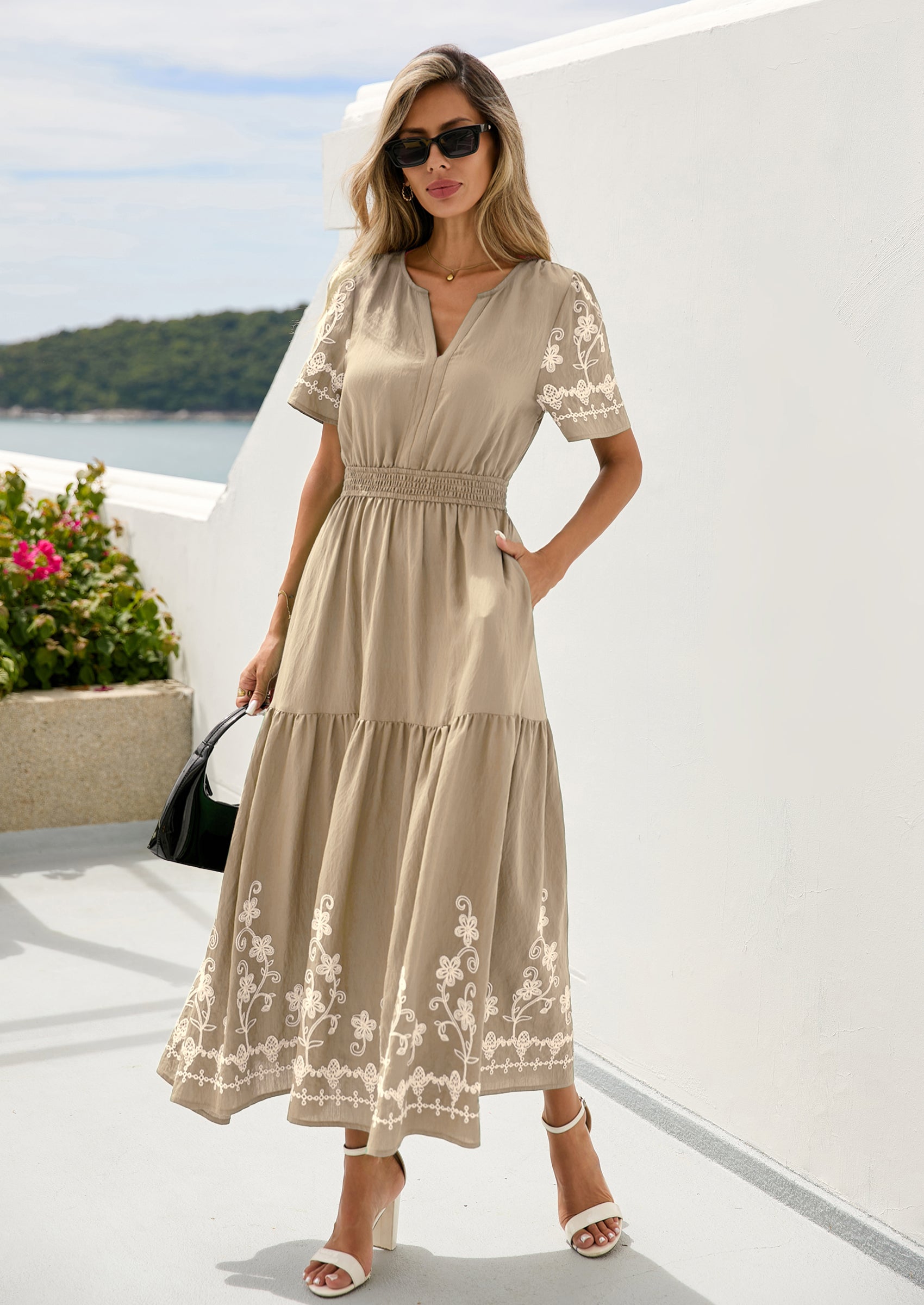 PRETTYGARDEN Women's Summer Boho Maxi Dress Spring Floral Short Sleeve V Neck A Line Flowy Beach Wedding Guest Dresses