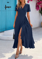 PRETTYGARDEN Women's Summer Maxi Dress Casual Wrap Floral Boho Short Sleeve V Neck Split Ruffle Beach Long Dresses
