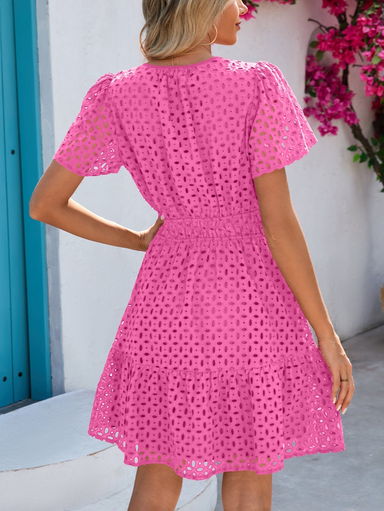 PRETTYGARDEN Women Summer Short Dress V Neck Short Sleeve A Line Hollow Out Lace Ruffle Cute Casual Beach Party Dresses