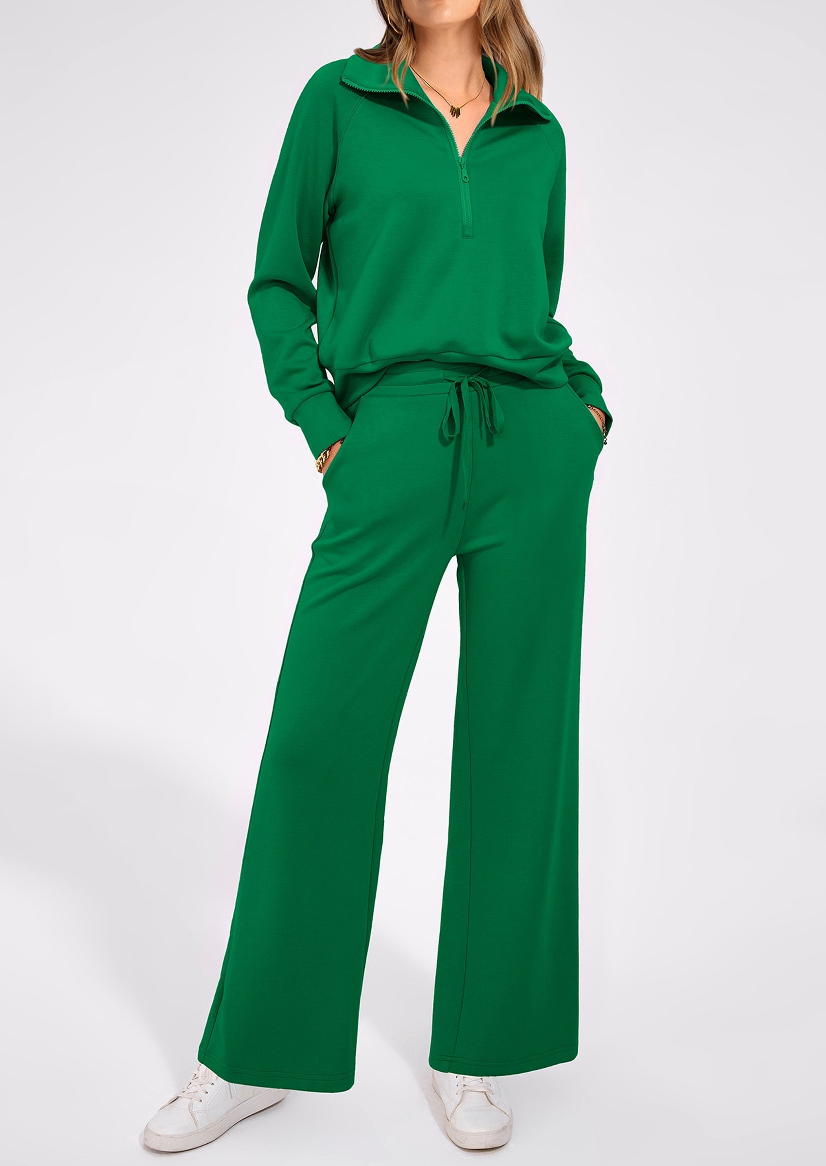 PRETTYGARDEN Women's 2 Piece Outfits Casual Lapel Half Zip Sweatshirts And Wide Leg Pants Tracksuit Sets