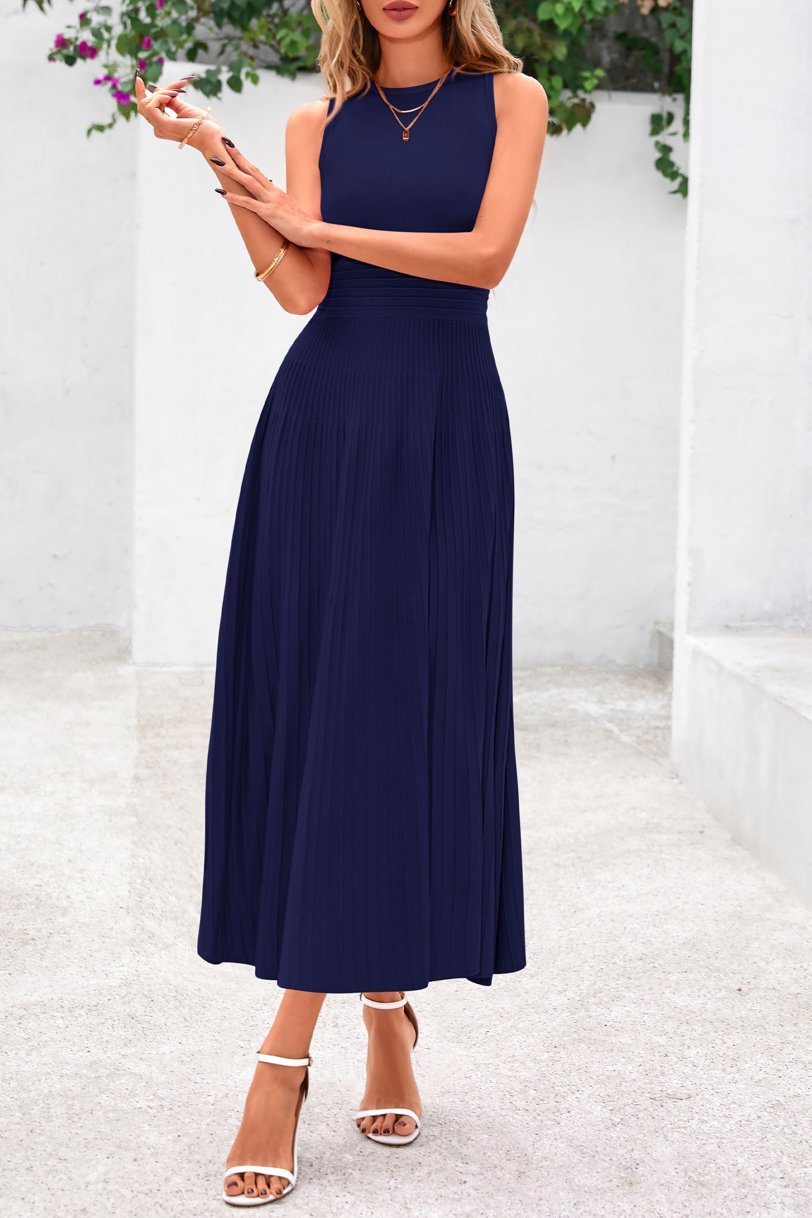 PRETTYGARDEN Spring Casual Dresses for Women Summer Business Work Midi Sleeveless A Line Pleated Cocktail Dress