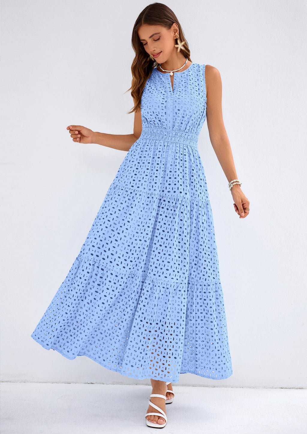 PRETTYGARDEN Summer Dresses for Women Sundresses Sleeveless V Neck Eyelet A Line Flowy Beach Vacation Spring Maxi Dress