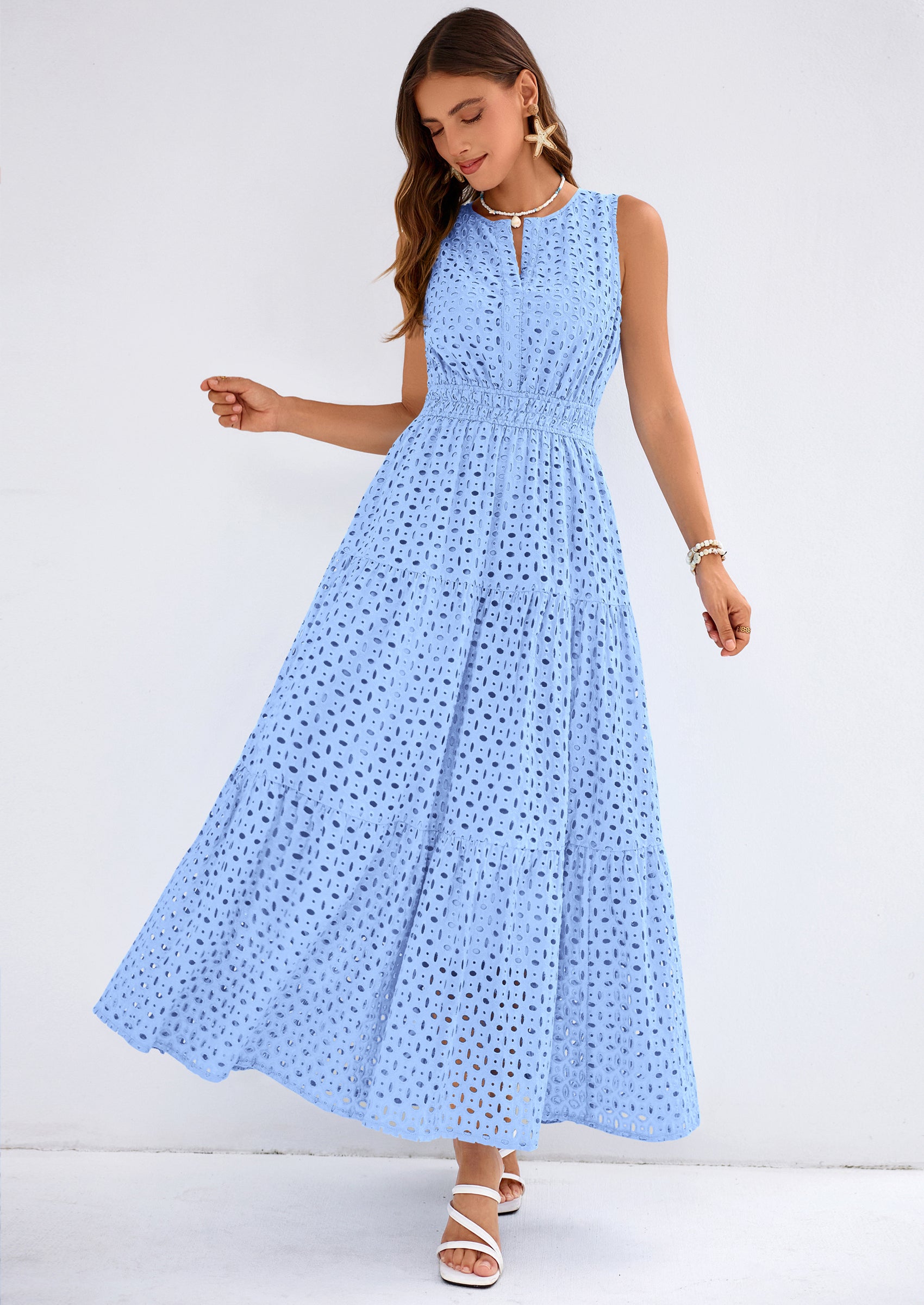 PRETTYGARDEN Summer Dresses for Women Sundresses Sleeveless V Neck Eyelet A Line Flowy Beach Vacation Spring Maxi Dress