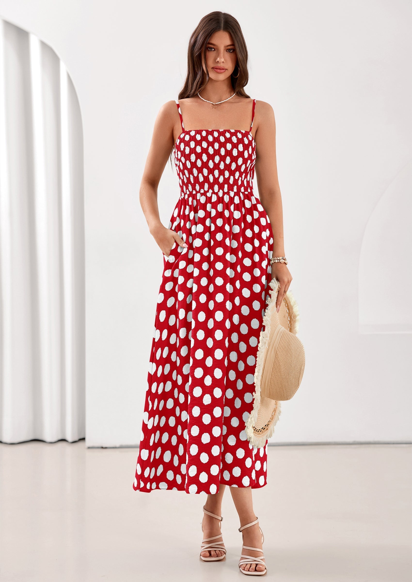 PRETTYGARDEN Womens Summer Dresses Spring Sleeveless Spaghetti Straps Casual Midi Dress Polka Dot Smocked Beach Sundress