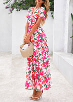 PRETTYGARDEN Women's Boho Maxi Dresses Floral Short Sleeve V Neck A Line Tiered Flowy Long Beach Vacation Dress
