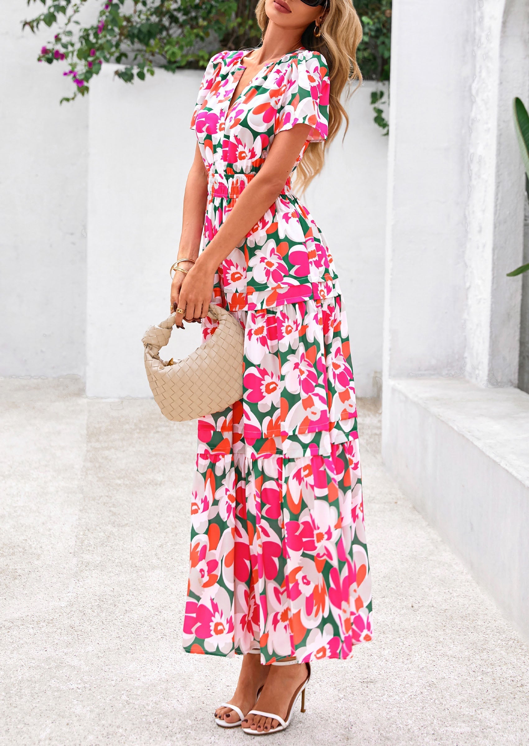 PRETTYGARDEN Women's Boho Maxi Dresses Floral Short Sleeve V Neck A Line Tiered Flowy Long Beach Vacation Dress