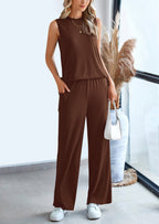 PRETTYGARDEN 2 Piece Set Loose Tank Top Wide Leg Pants Casual Matching Outfits Tracksuit