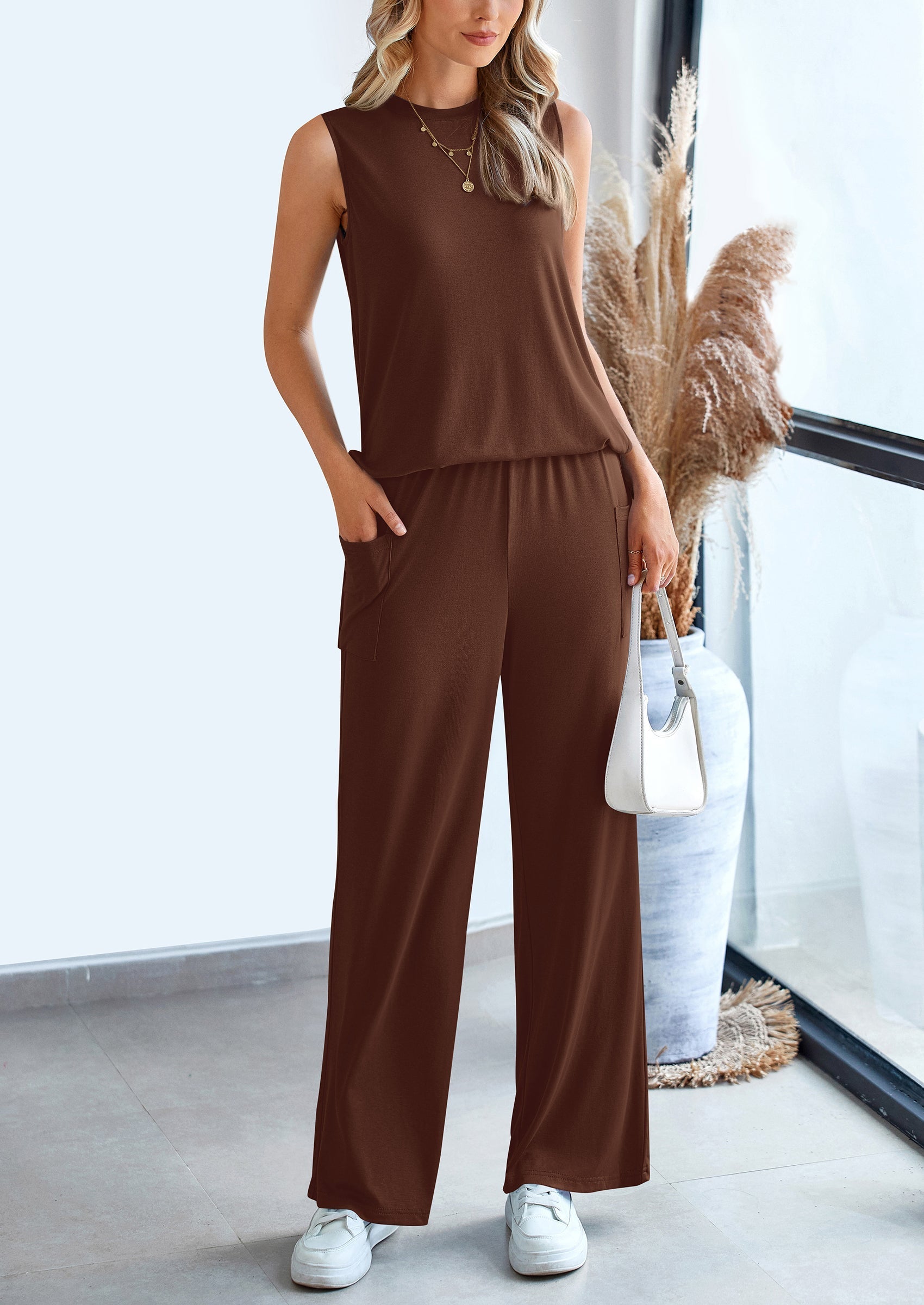 PRETTYGARDEN 2 Piece Set Loose Tank Top Wide Leg Pants Casual Matching Outfits Tracksuit