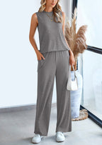 PRETTYGARDEN 2 Piece Set Loose Tank Top Wide Leg Pants Casual Matching Outfits Tracksuit